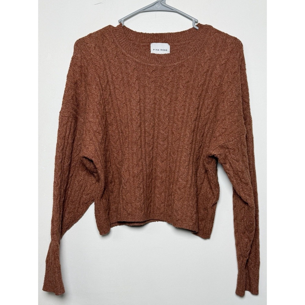 Pink Rose Women's Small Rust Chenille Cable Knit Crew Neck Crop Sweater Preppy